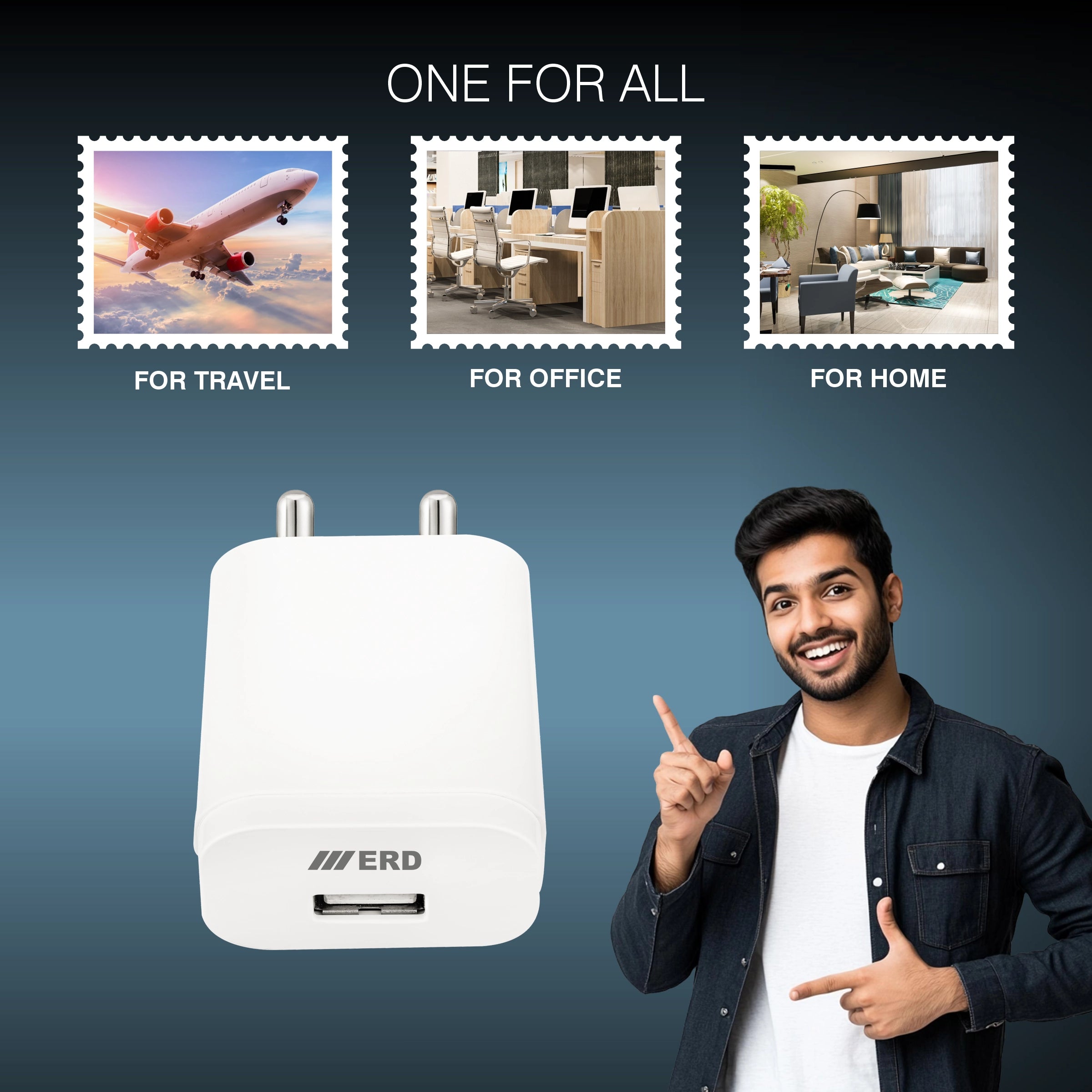 White adapter with a man pointing to it, labeled for travel, office, and home use.