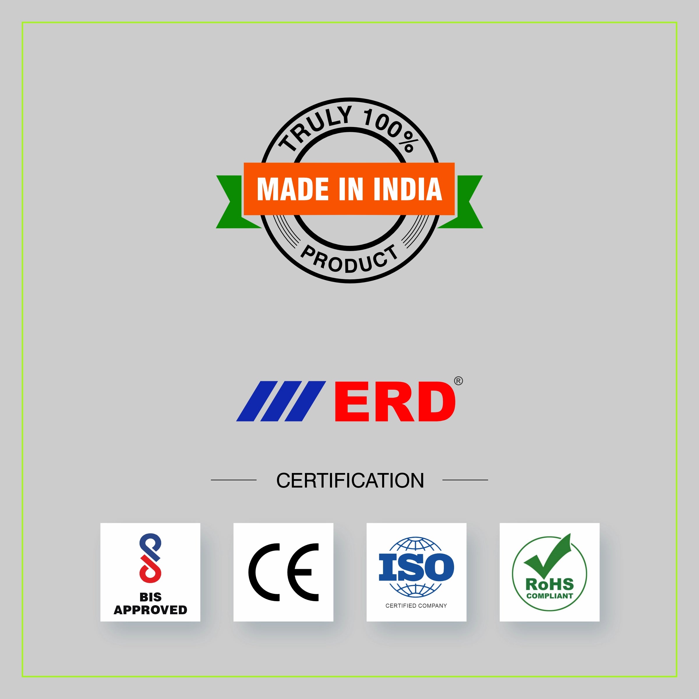 Made in India product label with ERD certification and compliance logos on a gray background