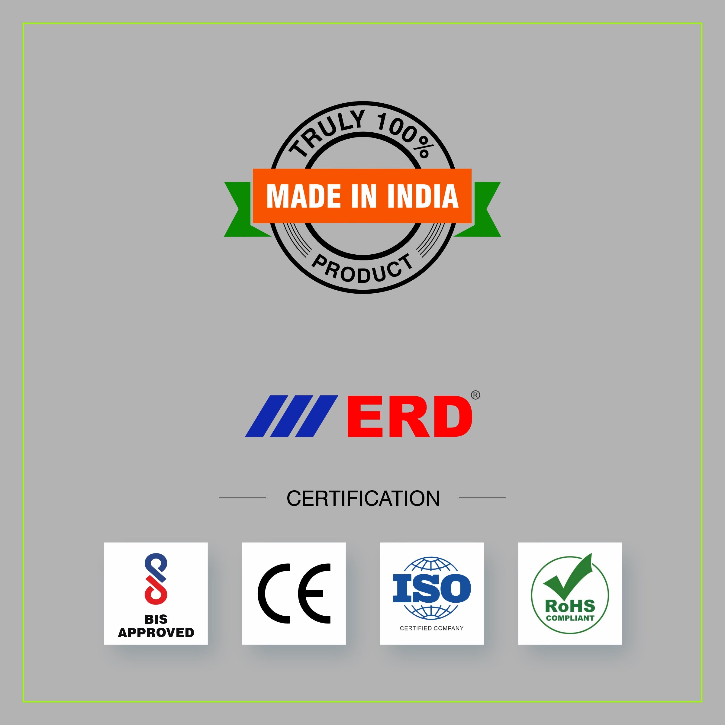 Made in India product label with ERD certification logos on a gray background
