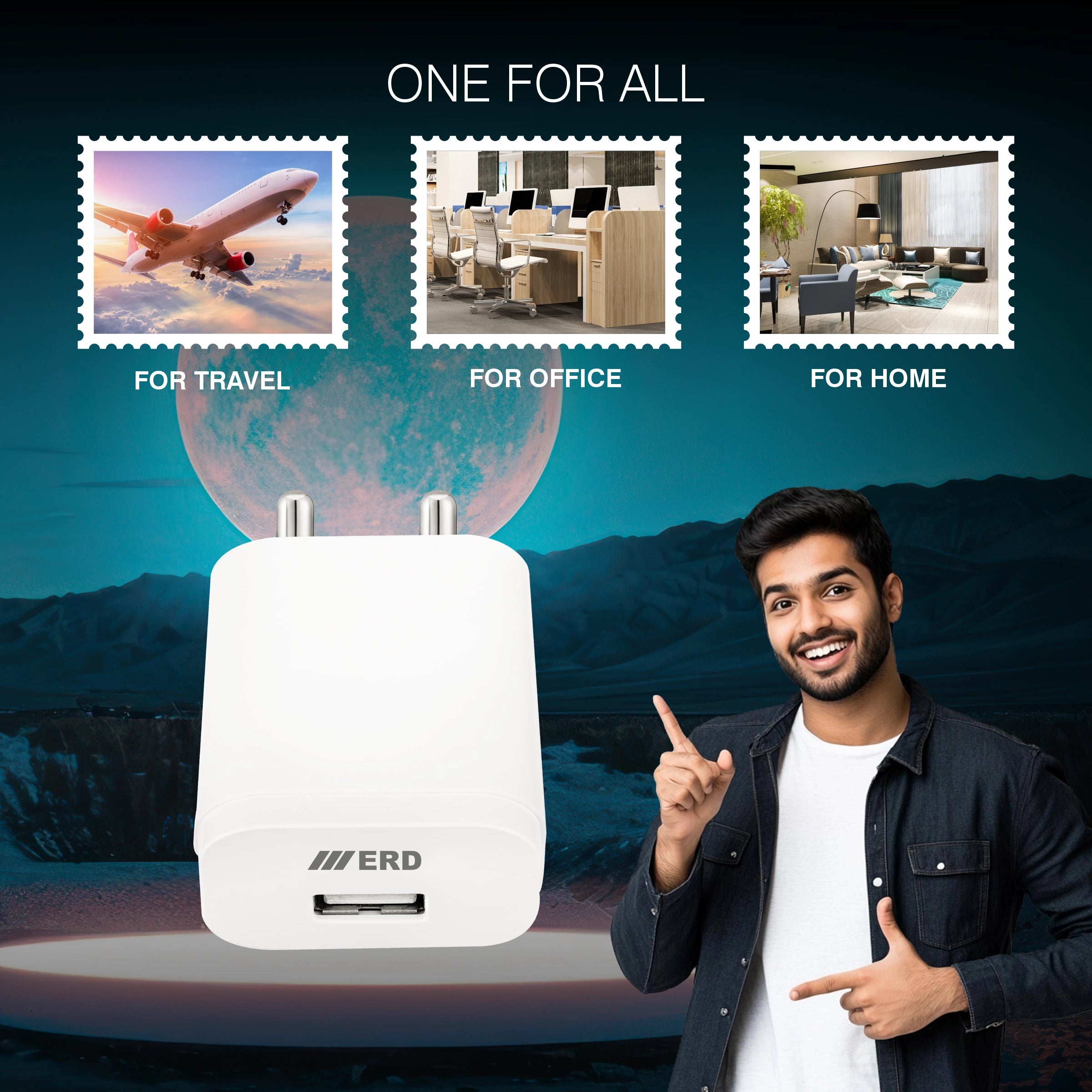 White adapter with 'ERD' branding, pointing towards a man in a dark jacket and white shirt, with travel, office, and home scenarios displayed above.
