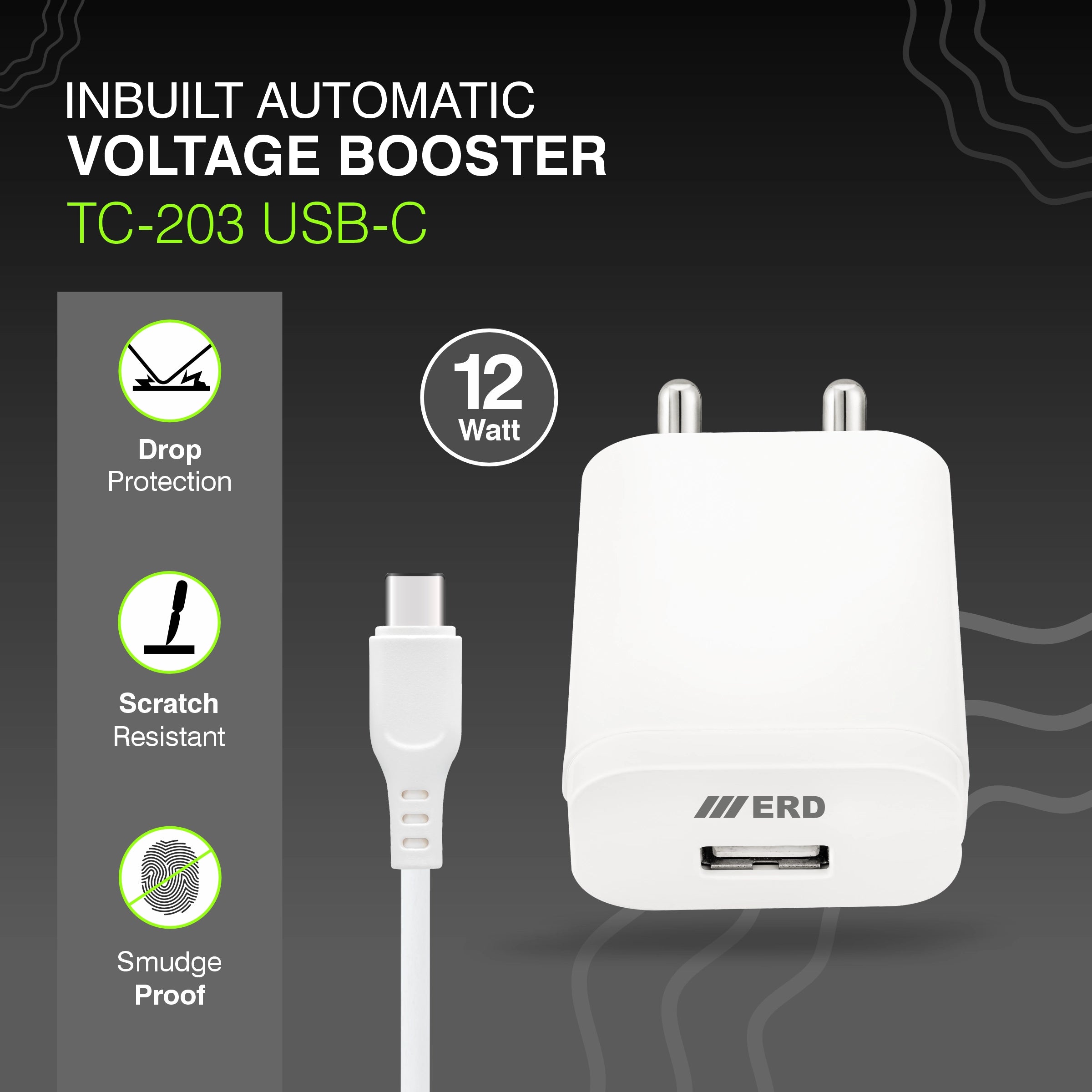 White USB-C charger with cable on a dark background, featuring ERD branding.