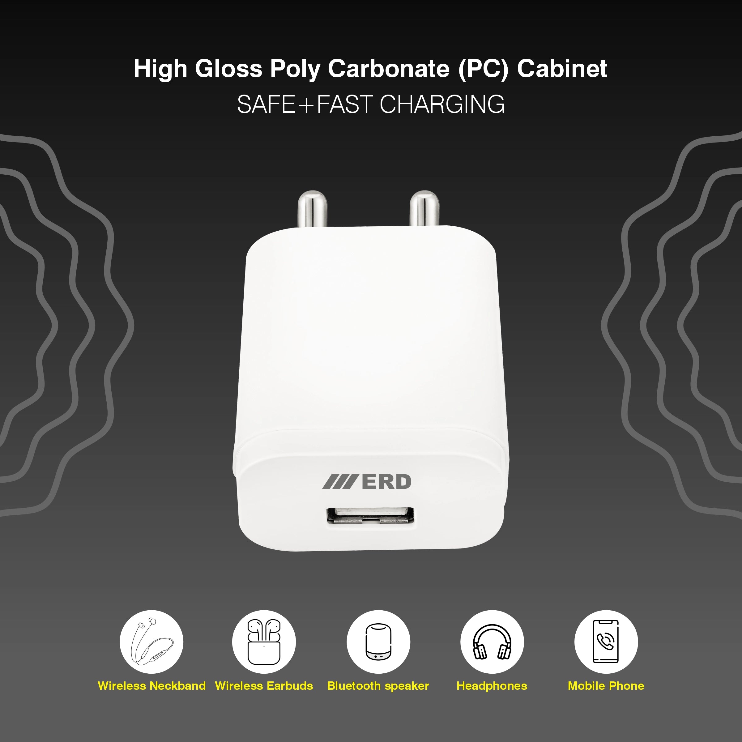 White USB charger with ERD branding on a dark background