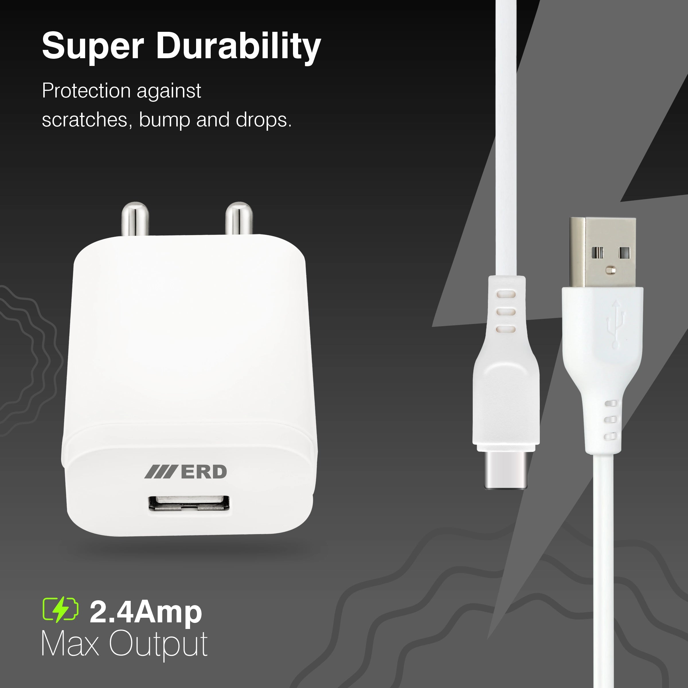 White charging adapter and cable with ERD branding on a dark background