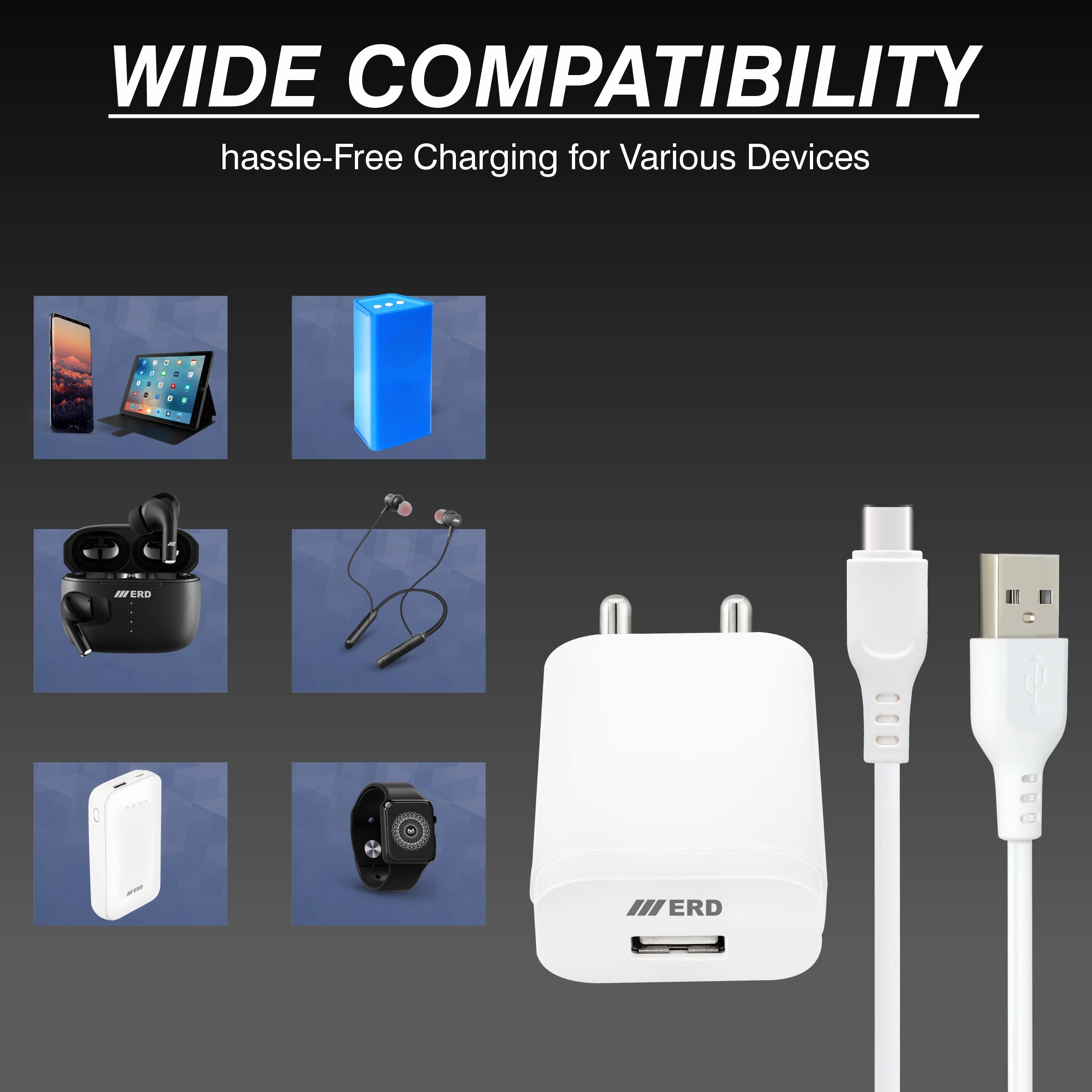 Charging adapter and cable with compatibility for various devices on a dark background