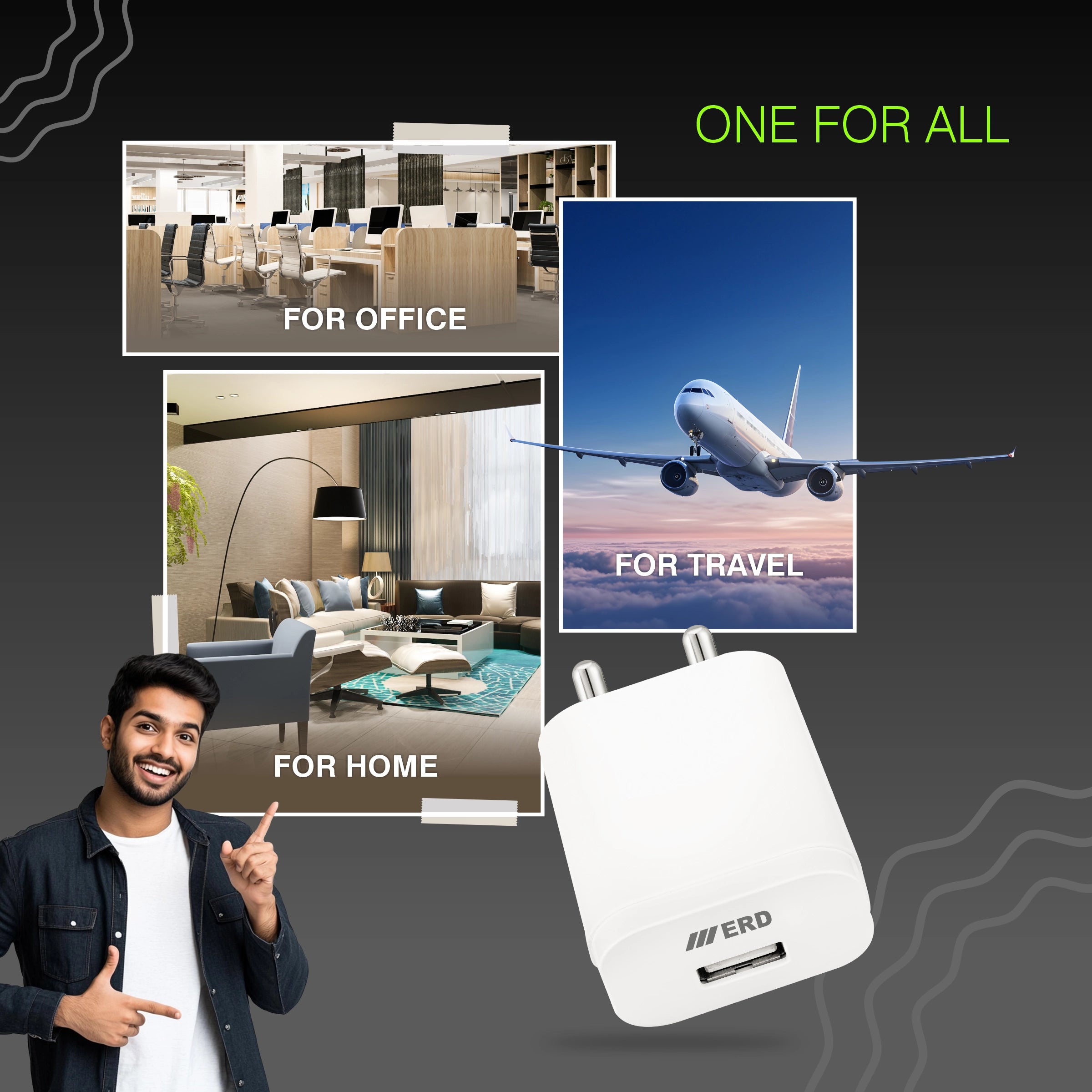 White power adapter with images of office, home, and airplane indicating its use for various settings.