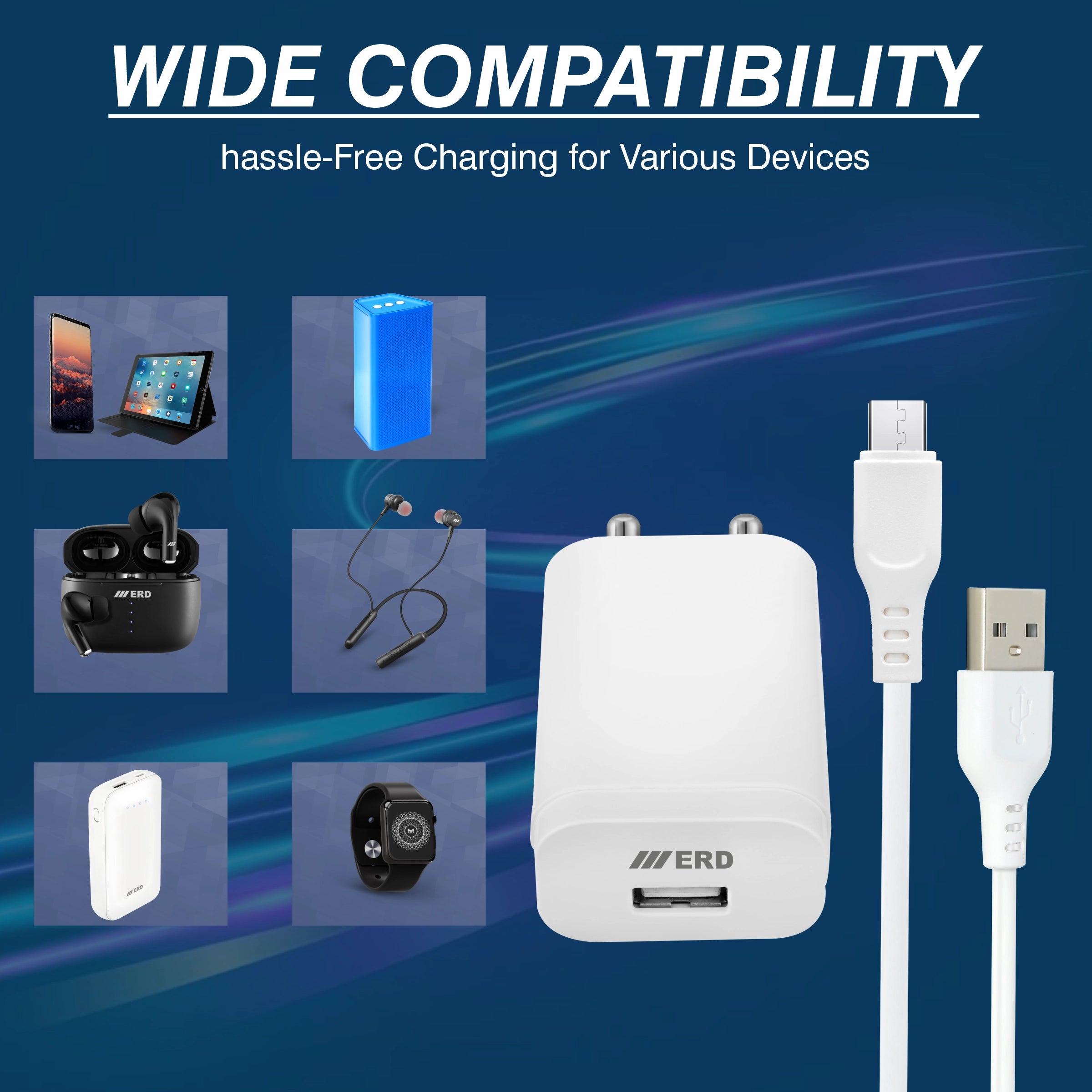 Charging adapter and cable with compatibility for various devices on a blue background