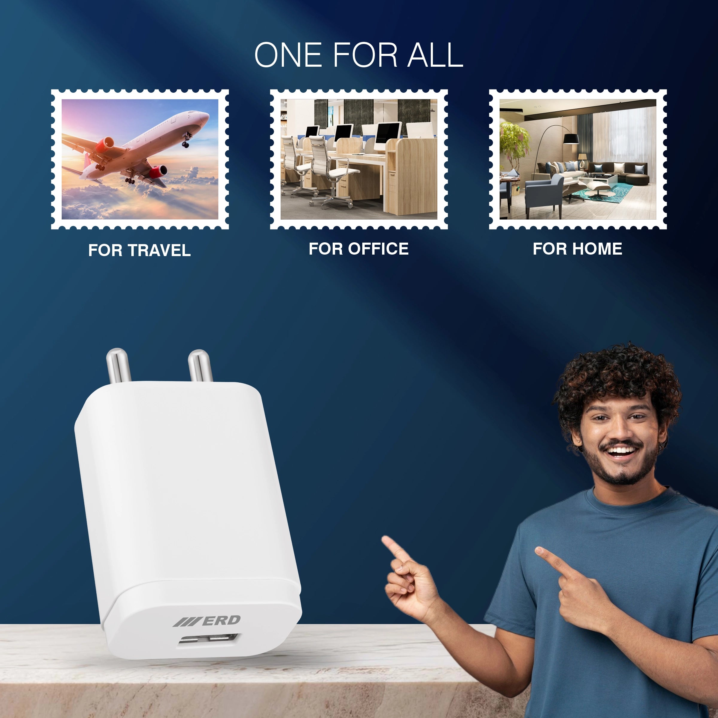 White travel adapter with a man pointing at it, labeled for travel, office, and home use.