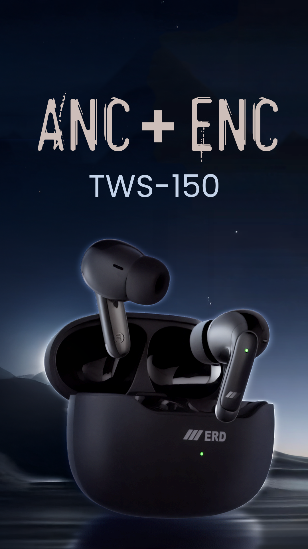 Black wireless earbuds with charging case on a dark background, featuring 'ANC + ENC' text.