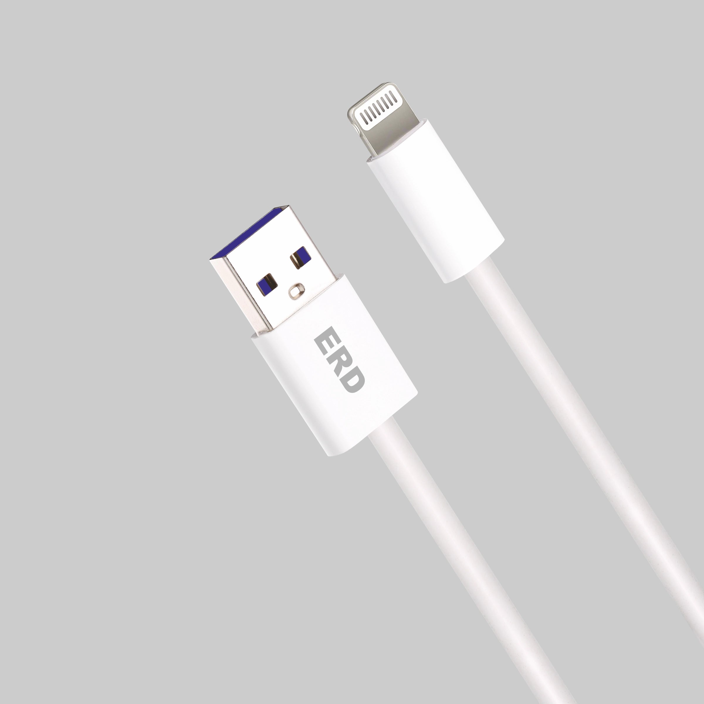 White USB cable with Lightning connector on a gray background