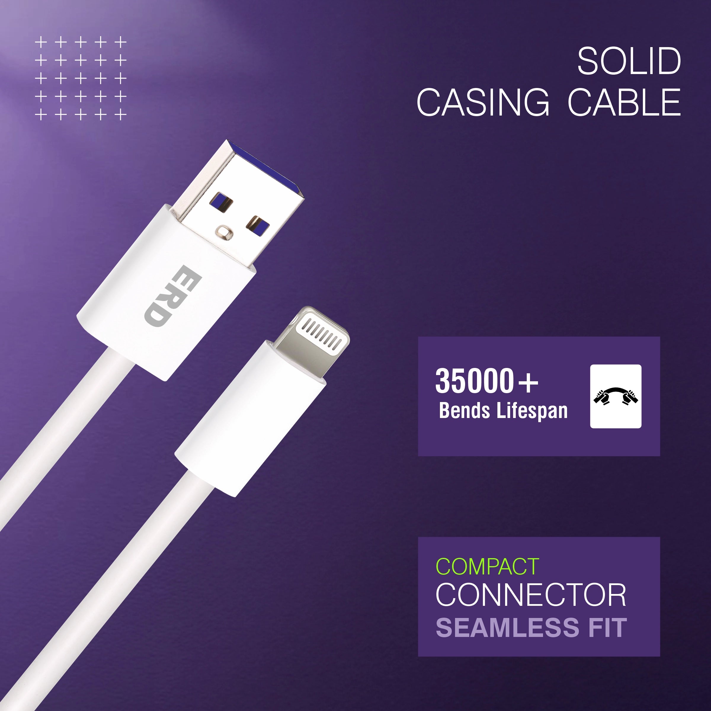 White USB cable with connectors on a purple background, featuring text about cable lifespan and design.