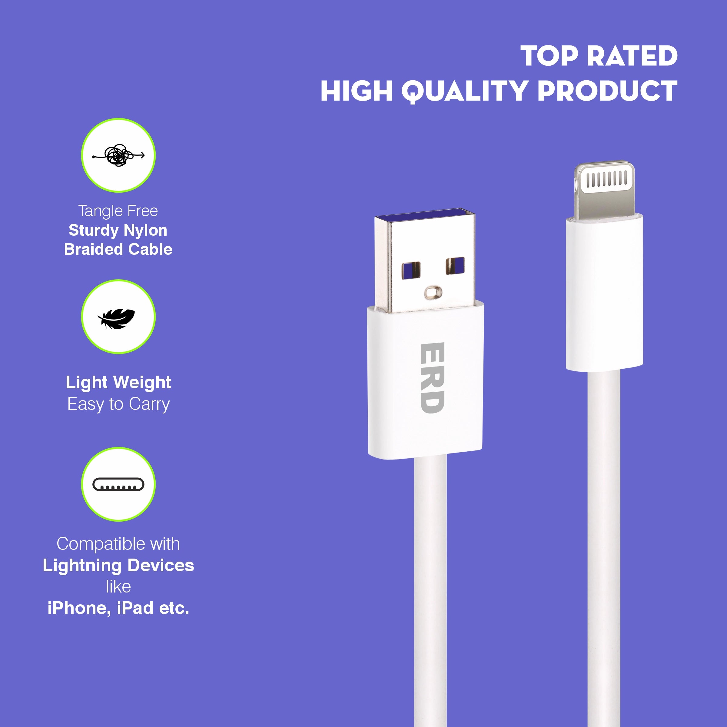 White USB cable with Lightning connector on a blue background, featuring ERD branding.