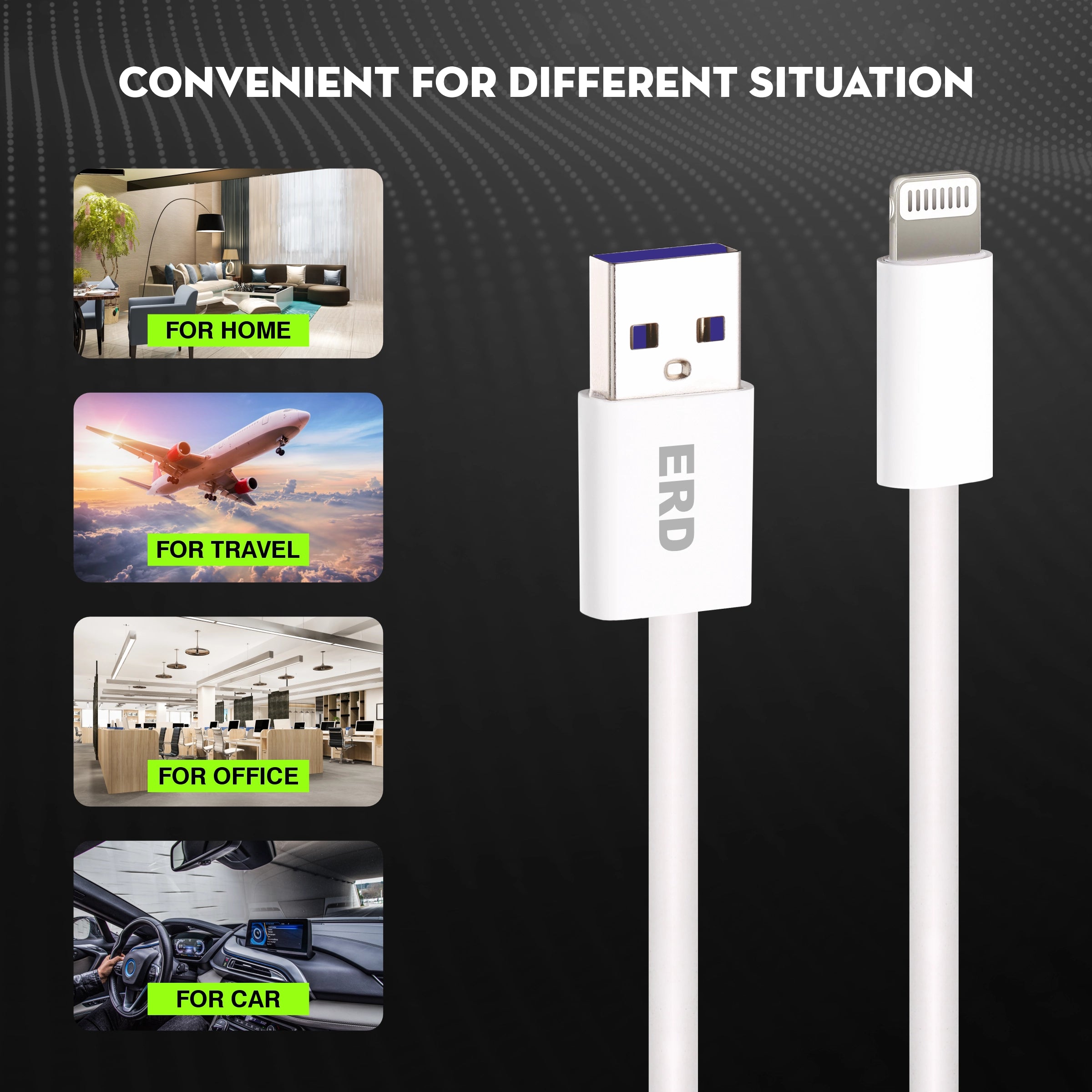 USB cable with Lightning connector labeled 'ERD' on a black background with lifestyle images.