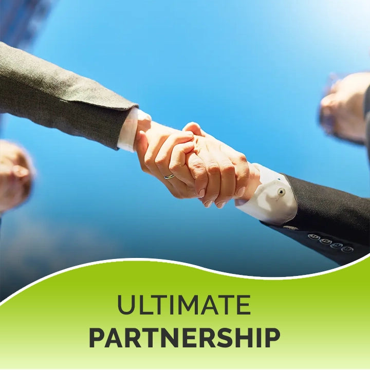 Two people shaking hands with a blue sky background and 'Ultimate Partnership' text.